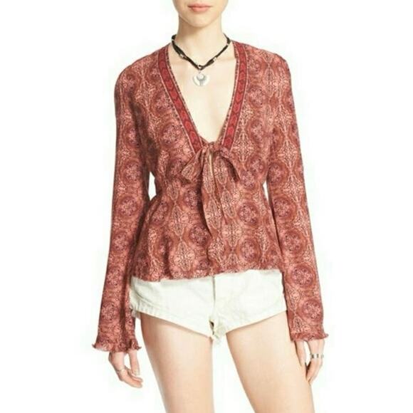 Free people Kaleidoscope top XS extra small bell sleeve tie boho drape blouse - Picture 1 of 16